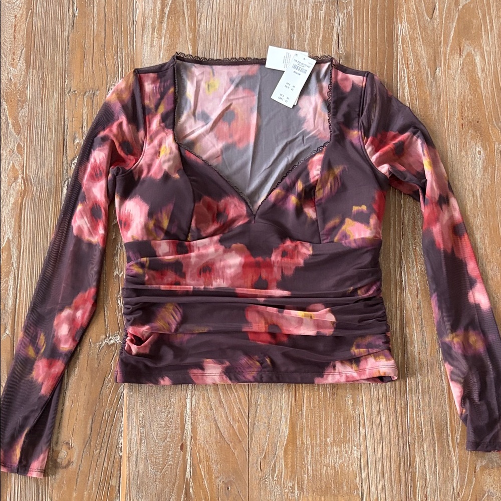 Abercrombie & Fitch Burgundy Floral Mesh V-Neck Long Sleeve Top